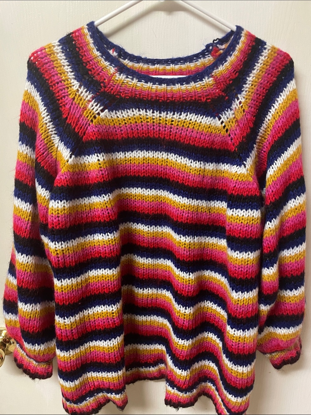 JODIFL Striped Crewneck Sweater in Pink, Navy & White with Yellow Accents
